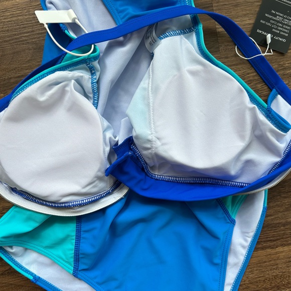 BIKINX Blue Colorblock High Neck Gold Zip Front One Piece Swimsuit Sleek | Sz XL - Picture 7 of 10